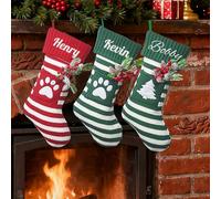 TIEBLU 3 PCS Personalised Christmas Stocking Custom Embroidered Name Family Pet Christmas Stockings for Dogs Cats Customised Knit Xmas Stockings Fireplace Hanging Stockings Hanging Decoration