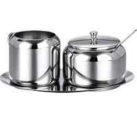 TIECHUINIUB Milk and Sugar Set Stainless Steel Sugar Bowl, Small Sugar Jar with Spoon for Home, Kitchen, Hotel And Cafe, 3 Pieces,Silver