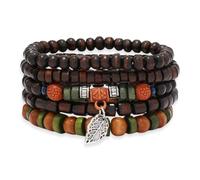 Tied By Love Boho 5-Piece Wooden Beaded Bracelet Set with Leaf Charm Ethnic Stackable Elastic Bracelets Gothic Steampunk Bohemian Unisex Wristbands for Women & Men