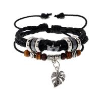 Tied By Love Boho Layered Multi-Colour PU Leather Bracelet Set with Leaf Charm Ethnic Wooden Beaded Adjustable Wristband Gothic Steampunk Bohemian Unisex Bracelet for Women & Men
