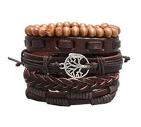 Tied By Love Ethnic Boho 5-Piece Set PU Leather Adjustable Bracelets with Tree of Life Charm, Bohemian Steampunk Wristband, Unisex Fashion Jewellery Gift (Brown)