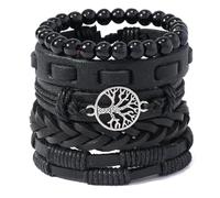 Tied By Love Ethnic Boho 5-Piece Set PU Leather Adjustable Bracelets with Tree of Life Charm, Bohemian Steampunk Wristband, Unisex Fashion Jewellery Gift (Black)