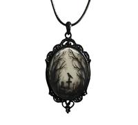 Tied By Love Gothic Raven Cross Necklace Witch Black Oval Forest Glass Pendant Rope Chain Jewellery Women's Gift For Halloween Cemetery Choker