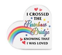 Tied By Love I Crossed The Rainbow Bridge Memorial Pet Dog Cat Heart-Shaped Block Acrylic Plaque Gift Free-Standing Sign Gifts Loss of Pet Bereavement Sympathy Remembrance In Memory of Pet Passed Away