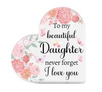 Tied By Love To My Beautiful Daughter Never Forget I Love You Heart-Shaped Block Acrylic Plaque Gift Free-Standing Sign Keepsake Floral Design Gifts For Daughter For Birthday Present Special Occasion