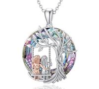 Tied By Love Tree Of Life Sisters Friends Mother & Daughter On A Swing Purple Blue Crystal Round Pendant Charm Necklace Family Tree Crystal Jewellery Gifts For Grandma Granddaughter Mother Daughter