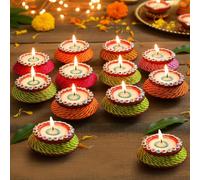 TIED RIBBONS 12 pcs Handmade Clay Diya for Diwali, Wax Filled | Traditional Homemade Diyas Tealight | Indian Oil Lamp | Diwali Decorations for Home | Terracotta Diyas | Matki Diya | Ganesh Chaturthi
