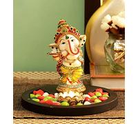 TIED RIBBONS Ganesh Statue with Wooden Tray | Flower Tealight Holder | Stones and Wooden Base | Resin Figurine | 6.4 inch | Return Gifts for Pooja | Ganesha Idol for Diwali Decor, Ganesh Chaturthi