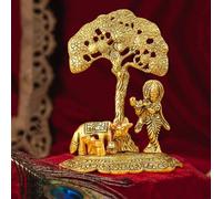 TIED RIBBONS Lord Krishna with Cow and Calf Idol for Pooja, Mandir, Office, Temple | Brass Murti Home Decoration Hindu God Statue Metal, 6.6 x 5.1 Inch - Diwali Decorations for Home, Ganesh Chaturthi