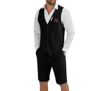 Tiefony Men's Linen 2 Piece Suit Slim Fit Wedding Groom Groomsmen Summer Vest Shorts Set, Black, M