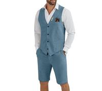 Tiefony Men's Linen 2 Piece Suit Slim Fit Wedding Groom Groomsmen Summer Vest Shorts Set, Blue Grey, XL