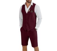 Tiefony Men's Linen 2 Piece Suit Slim Fit Wedding Groom Groomsmen Summer Vest Shorts Set, Burgundy, M
