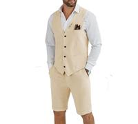 Tiefony Men's Linen 2 Piece Suit Slim Fit Wedding Groom Groomsmen Summer Vest Shorts Set, Champagne, 3XL
