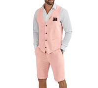 Tiefony Men's Linen 2 Piece Suit Slim Fit Wedding Groom Groomsmen Summer Vest Shorts Set, Flesh Pink, L