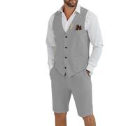 Tiefony Men's Linen 2 Piece Suit Slim Fit Wedding Groom Groomsmen Summer Vest Shorts Set, Gray, M
