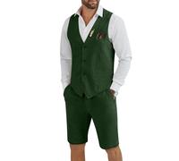 Tiefony Men's Linen 2 Piece Suit Slim Fit Wedding Groom Groomsmen Summer Vest Shorts Set, Green, XL
