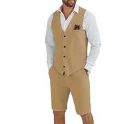 Tiefony Men's Linen 2 Piece Suit Slim Fit Wedding Groom Groomsmen Summer Vest Shorts Set, Khaki, XL