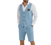 Tiefony Men's Linen 2 Piece Suit Slim Fit Wedding Groom Groomsmen Summer Vest Shorts Set, Light Blue, M