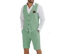 Tiefony Men's Linen 2 Piece Suit Slim Fit Wedding Groom Groomsmen Summer Vest Shorts Set, Light Green, S