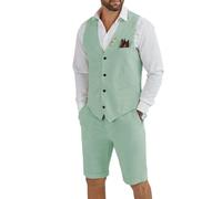 Tiefony Men's Linen 2 Piece Suit Slim Fit Wedding Groom Groomsmen Summer Vest Shorts Set, Mint Green, M