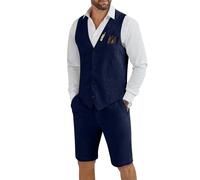 Tiefony Men's Linen 2 Piece Suit Slim Fit Wedding Groom Groomsmen Summer Vest Shorts Set, Navy Blue, XL