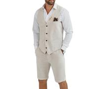Tiefony Men's Linen 2 Piece Suit Slim Fit Wedding Groom Groomsmen Summer Vest Shorts Set, Off-White, XXL