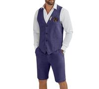 Tiefony Men's Linen 2 Piece Suit Slim Fit Wedding Groom Groomsmen Summer Vest Shorts Set, Purple, 6XL
