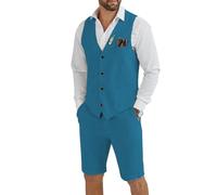 Tiefony Men's Linen 2 Piece Suit Slim Fit Wedding Groom Groomsmen Summer Vest Shorts Set, Teal, L