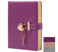 TIEFOSSI Heart Lock Journal Notebook with Key, Glitter Purple PU Leather Diary B6 Journal for Writing, 144 Sheets Lined Paper, Gift for Girls, Women