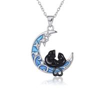 Tiehuoxia Cat Necklace Sterling Silver Black Cats on Moon Pendant Animal Pet Jewellery Birthday Gifts for Women Mother Wife Friends Daughter
