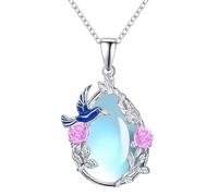 Tiehuoxia Sterling Silver Moonstone Hummingbird Necklace,Hummingbirds and Flower Teardrop Pendant Jewellery Gifts for Women