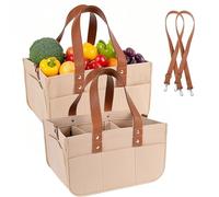 Tielag Felt Shopping Bags 2 Pack, 16L Baskets Felt Bag with Compartments, Robust Firewood Bag, Reusable Tote Bags with Handlesfor Outdoor Trips, Picnic, Shopping, Khaki, 38 x 23 x 18 cm