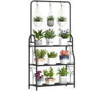 Tier Plant Stand 3 Hooks Indoor Outdoor Flower Shelf Black