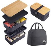 Tiered Lunch Box - Japanese Bento Box - with Bamboo Lid - Adult Bento Lunch Box, Microwave and Dishwasher Safe, Includes Cutlery (Black)