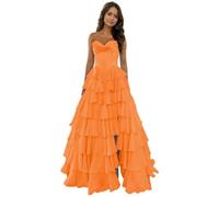 Tiered Petite Prom Dresses for Women with Slit Chiffon Corset Strapless Formal Dresses Evening Gowns Orange