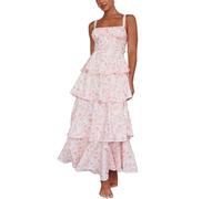 Tiered Ruffle Dress Women Casual Summer Spaghetti Strap Sleeveless Floral Layered Maxi Dress for Women Beach Sundress, Pink, M