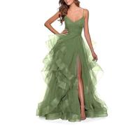 Tiered Tulle Ball Gowns Spaghetti Straps A-Line V-Neck Prom Dresses with Slit Back for Evening Formal Dress 2023, Sage Green, 24 Plus