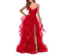 Tiered Tulle Ball Gowns Spaghetti Straps A-Line V-Neck Prom Dresses with Slit Back for Evening Formal Dress 2023, Red, 14