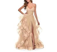 Tiered Tulle Prom Dress 2025 Classic Evening Dresses for Women Formal Spaghetti Straps Glittery Party Ball Gowns with Slit, Champagne, 8