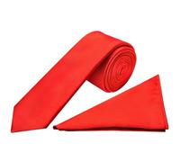 TIES R US Handmade Plain Bright Red Satin Skinny Men's Tie and Pocket Square Set