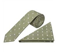 TIES R US Kahki Green Large White Spot Skinny Men's Tie and Pocket Square Set