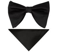 TIES R US Mens Plain Black Oversized Satin Bow Tie and Pocket Square Set Wedding Grooms Christening Formal Prom Plain Handmade Dickie Bow Tie and Handkerchief Set
