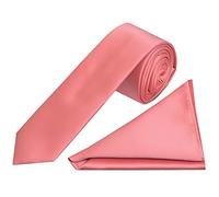 TIES R US Plain Light Coral Pink Satin Skinny Men's Tie and Pocket Square Set