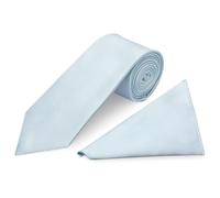 TIES R US Plain Misty Blue Satin Classic Mens Tie and Pocket Square Set