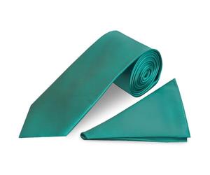 TIES R US Plain New Teal Green Satin Classic Men's Tie Handkerchief Set