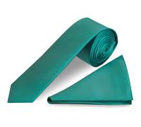 TIES R US Plain New Teal Green Satin Skinny Men's Tie and Handkerchief Set | Green Plain Tie & Pocket Square Set for men; Skinny width 2"/5.5cm, handmade.
