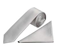 TIES R US Plain Silver Satin Skinny Men's Tie and Pocket Square Set