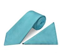 TIES R US Plain Turquoise Satin Classic Men's Tie and Pocket Square Set