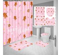 Tieshankao 4 Pcs Christmas Bathroom Shower Curtain Set - Pink Gingerbread Man Candy Cane Non Slip Rugs Toilet Lid Cover Bath Mat with 12 Hooks for Xmas Decor