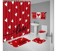 Tieshankao 7Pcs Valentines Day Shower Curtain Bathroom Set - Heart Non Slip Rugs Toilet Lid Cover Bath Mat Towels Decor with 12 Hooks